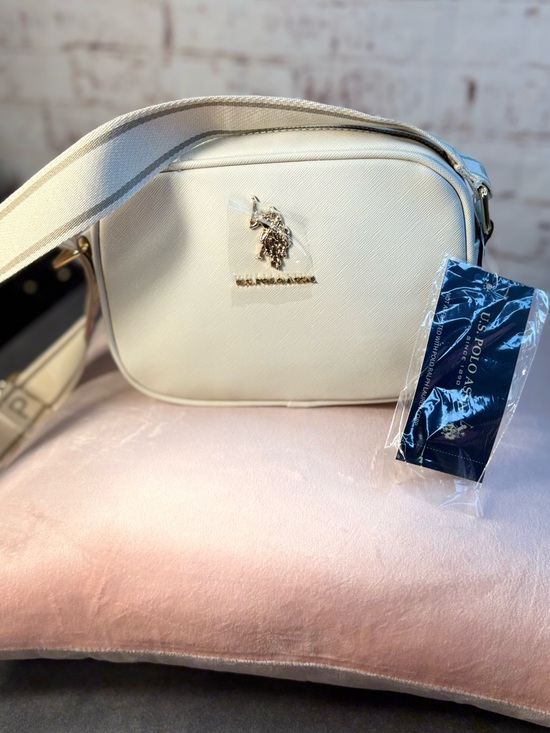 U.S. Polo Assn. Handbags - U.S. Polo Assn. Cream Saffiano Crossbody Bag with Wide Strap